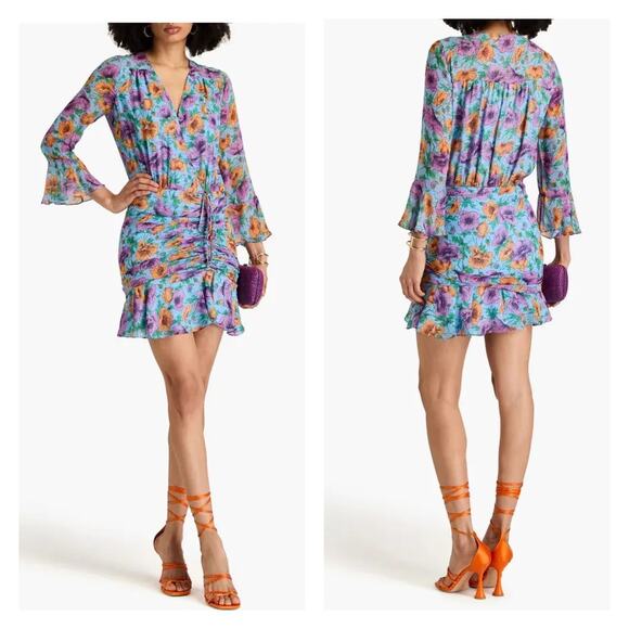 Veronica Beard Silk Sean Ruched Floral Mini Dress In Lake Blue Multi Size 0 - Picture 2 of 16